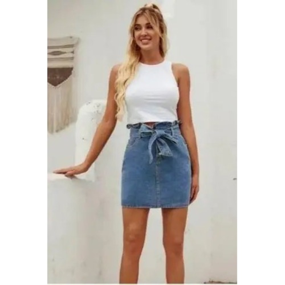 Reformation Sandia Paperbag Waist Denim Mini Jean Skirt Blue Size 28